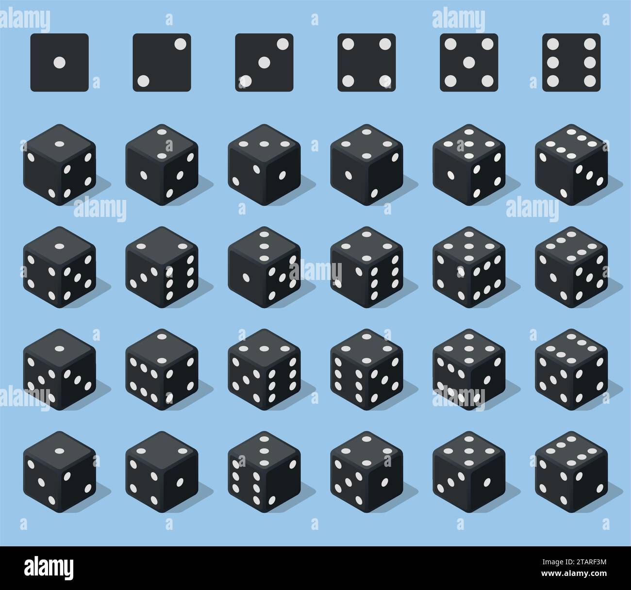Imposta 24 autentiche icone di dadi in tutti i possibili turni. Ventiquattro varianti perdono dadi. Cubi neri isolati su sfondo blu. Dadi per giochi da tavolo Illustrazione Vettoriale