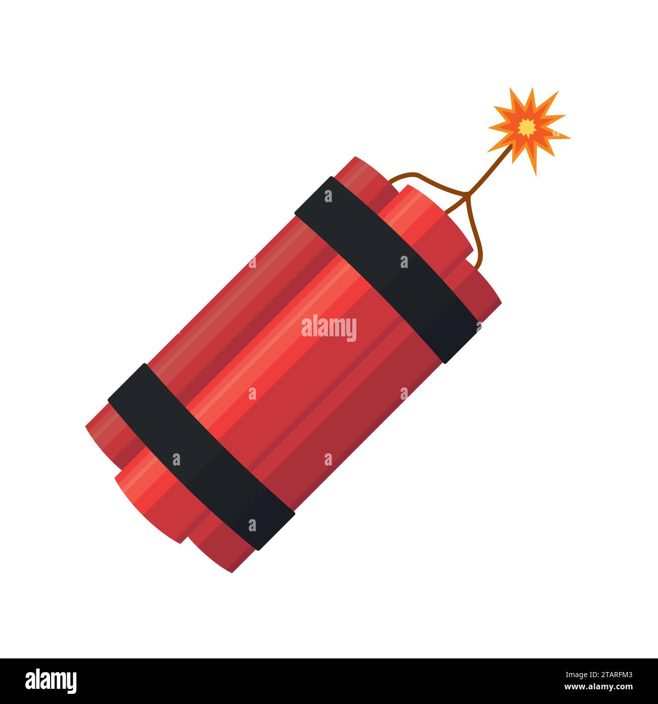 Esplosione dinamite con detonazione stoppino in fiamme isolata su sfondo bianco. Bomba a dinamite vettoriale con arma esplosiva Sparkle Danger Illustrazione Vettoriale