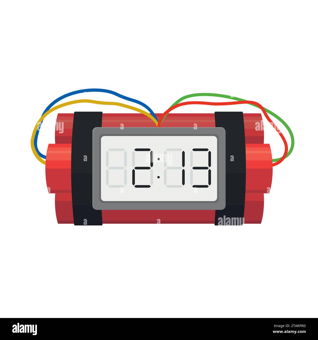Esplosione dinamite con detonazione temporizzata e filo isolato su sfondo bianco. Bomba vettoriale pericolo arma esplosiva in stile piatto. Illustrazione Vettoriale