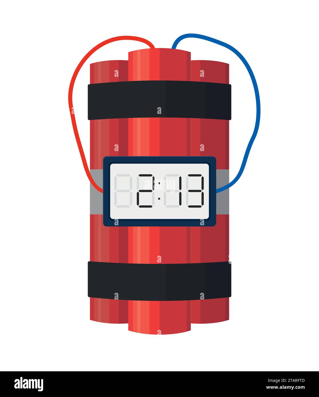 Esplosione dinamite con detonazione temporizzata e filo isolato su sfondo bianco. Bomba vettoriale pericolo arma esplosiva in stile piatto. Illustrazione Vettoriale