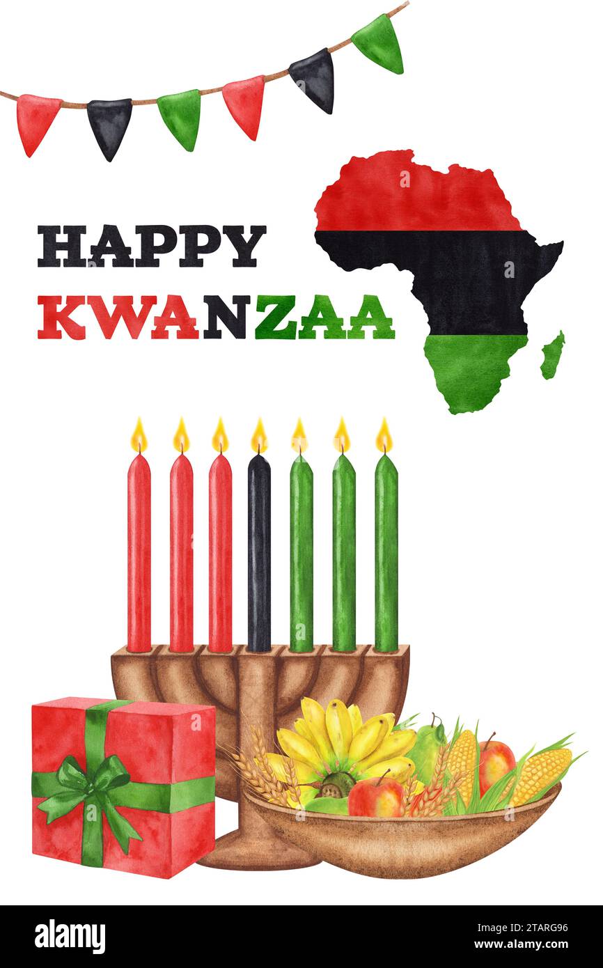 Cartolina Kwanzaa. Vacanze afro-americane. Kinara, sette candele in fiamme, mappa rossa nera verde, tazza, tamburo, regalo, raccolto. Acquerello disegnato a mano Foto Stock