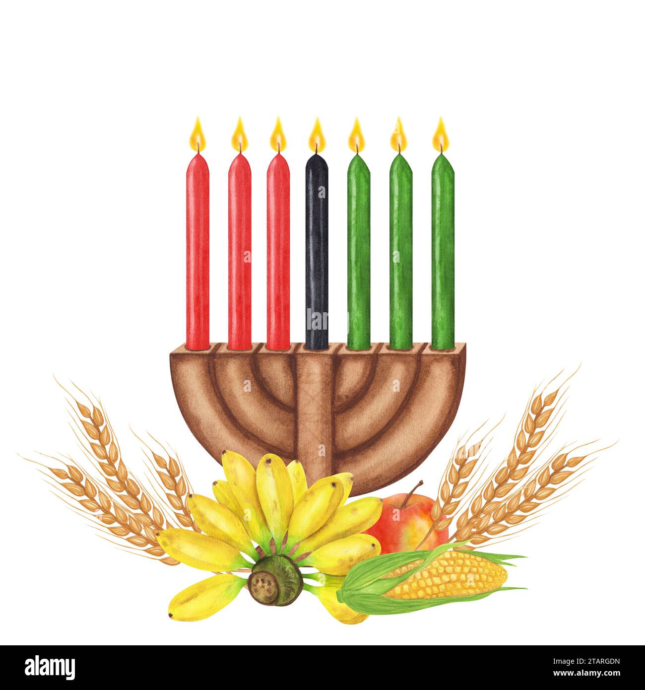 Cartolina di Kwanzaa. Vacanze afro-americane. Kinara, sette candele brucianti, rosso nero verde, raccolta: Banane, mais, grano, mela, pera. Disegnato a mano Foto Stock