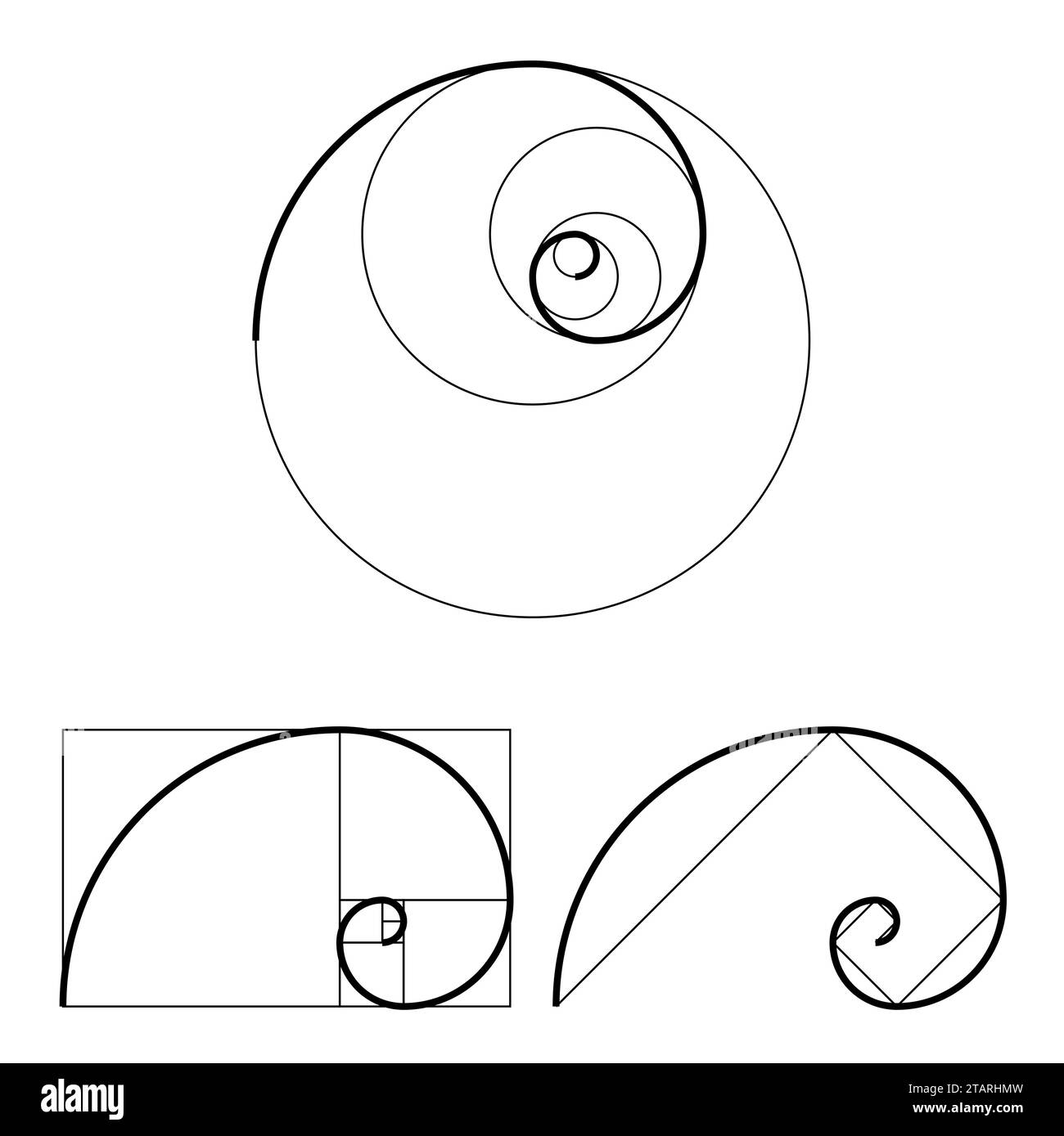 Set di modelli Golden ratio. Simbolo di proporzione. Elemento di progettazione grafica. Spirale sezione dorata. Illustrazione vettoriale Illustrazione Vettoriale