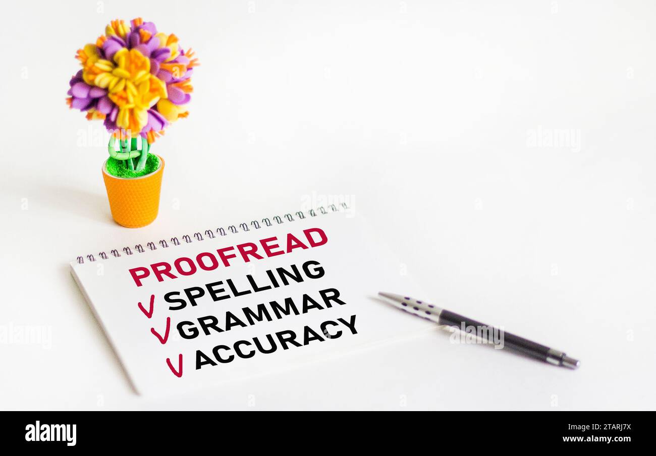 Correzione ortografica grammatica precisione frase scritta su blocco note Foto Stock