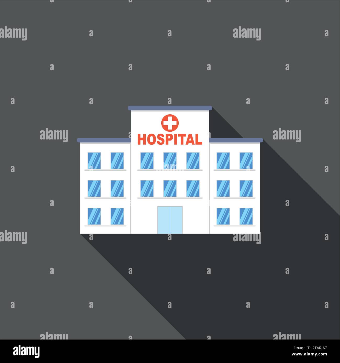 Icona dell'edificio City Hospital in stile piatto con una lunga ombra su sfondo scuro. Illustrazione del vettore clinico Illustrazione Vettoriale