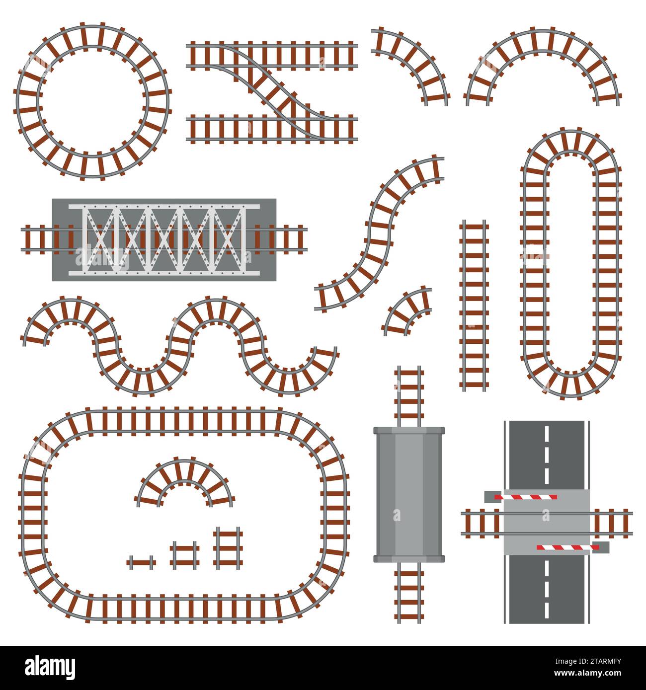 Set di parti ferroviarie, vista dall'alto ferroviaria o ferroviaria. Diversi elementi di costruzione del treno. Binario di trasporto ferroviario in acciaio e legno, rotaia Illustrazione Vettoriale