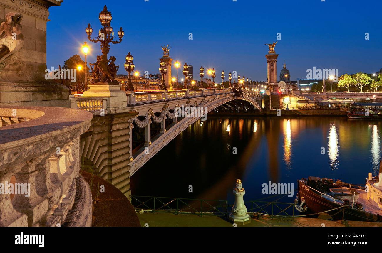 Ponte di Alessandro III di notte, Parigi Foto Stock
