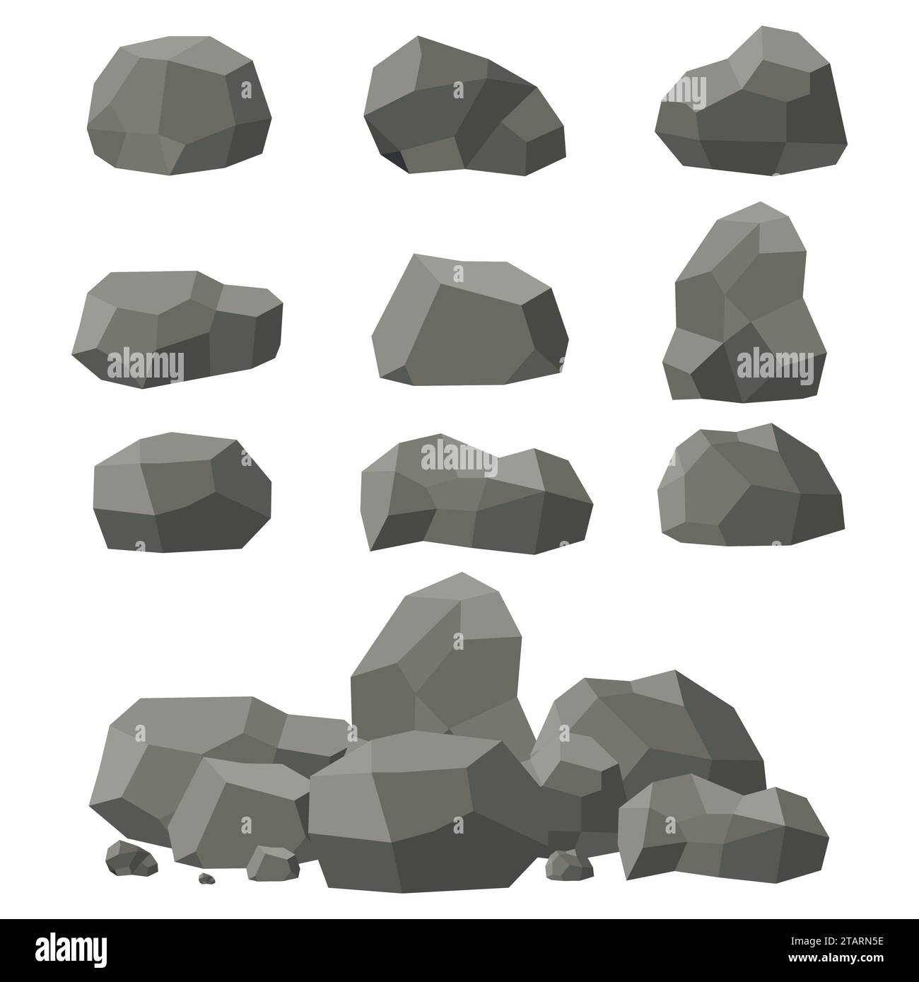 Rocce e pietre incastonate, singole o impilate su sfondo bianco. Pietre e rocce in stile piatto isometrico 3D. Set di massi diversi. Illustrazione vettoriale Illustrazione Vettoriale