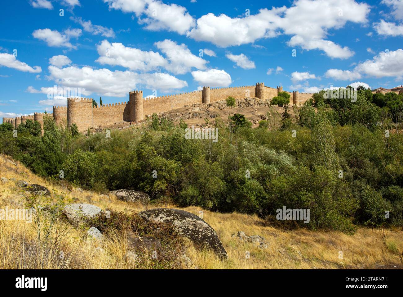 Vista dei bastioni e delle fortificazioni della città fortificata spagnola di Avila nella comunità autonoma di Castiglia e León Spagna Foto Stock
