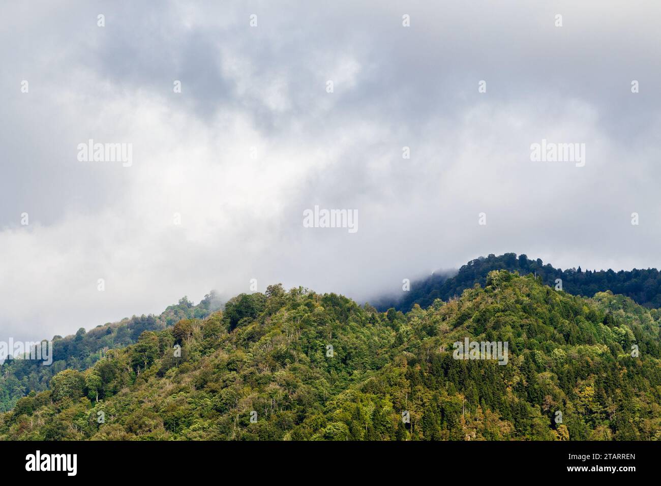 Viaggia in Georgia: Nuvole grigie sulle cime delle montagne nel parco nazionale di Machakhela in Adjara il giorno d'autunno Foto Stock