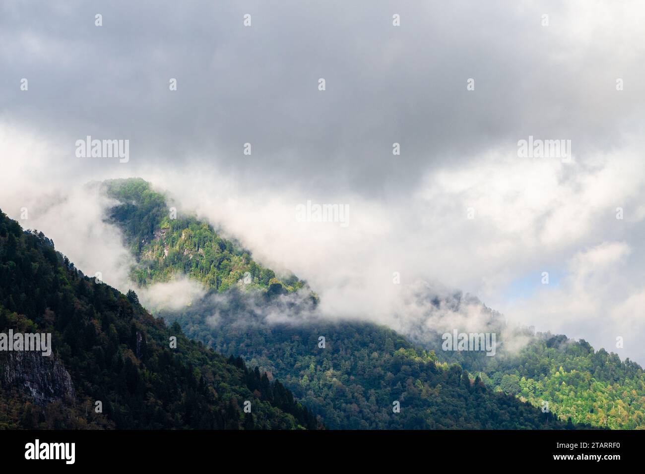 Viaggia in Georgia: Le nuvole grigie si trovano sulle cime delle montagne nel parco nazionale di Machakhela in Agiaria il giorno d'autunno Foto Stock