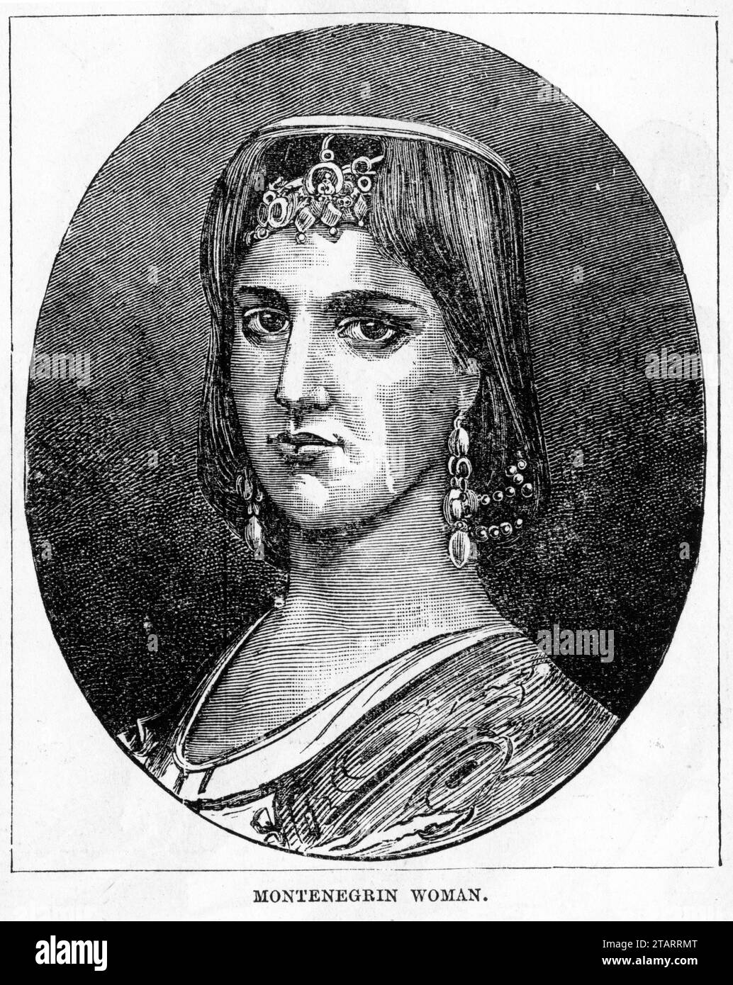 Ritratto inciso di una donna del Montenegro in costume tradizionale. Pubblicato intorno al 1887 Foto Stock