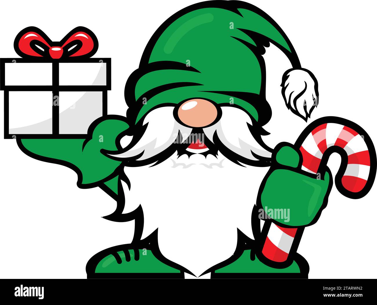 Grazioso e allegro gnomo natalizio con canna da zucchero e confezione regalo. Modello vettoriale su sfondo trasparente Illustrazione Vettoriale