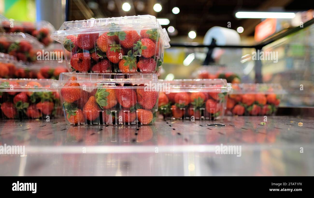 Contenitori a conchiglia in plastica trasparente riempiti con fragole su un negozio di alimentari espositore di superfici metalliche refrigerate con sfiati che pompano aria fredda. Foto Stock