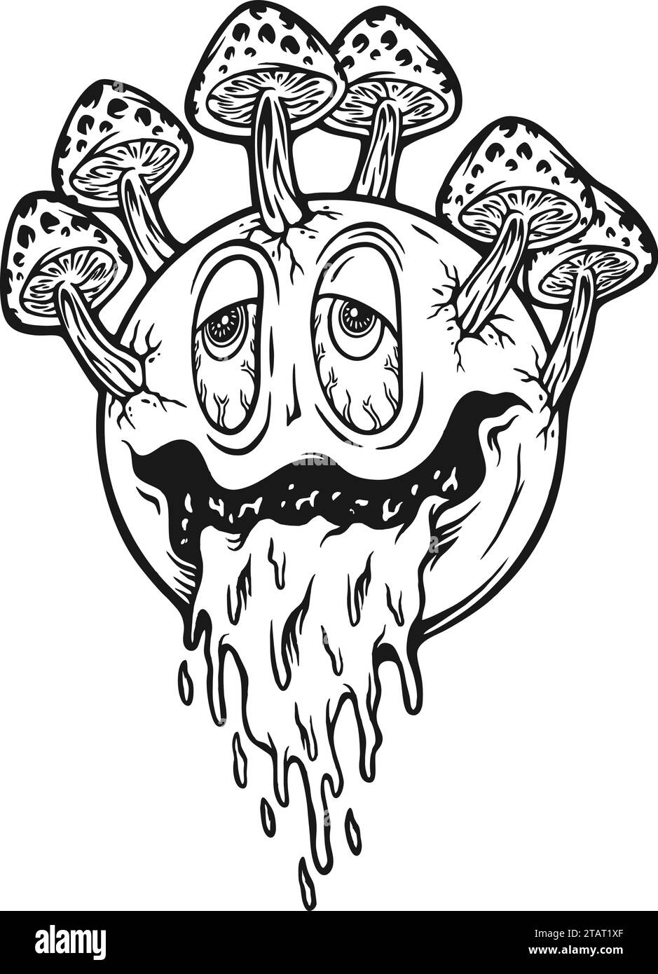 Emoticon di funghi magici con gocciolamento psichedelico illustrazioni vettoriali monocromatiche per il logo del tuo lavoro, t-shirt di merchandising, adesivi e disegni di etichette, post Illustrazione Vettoriale