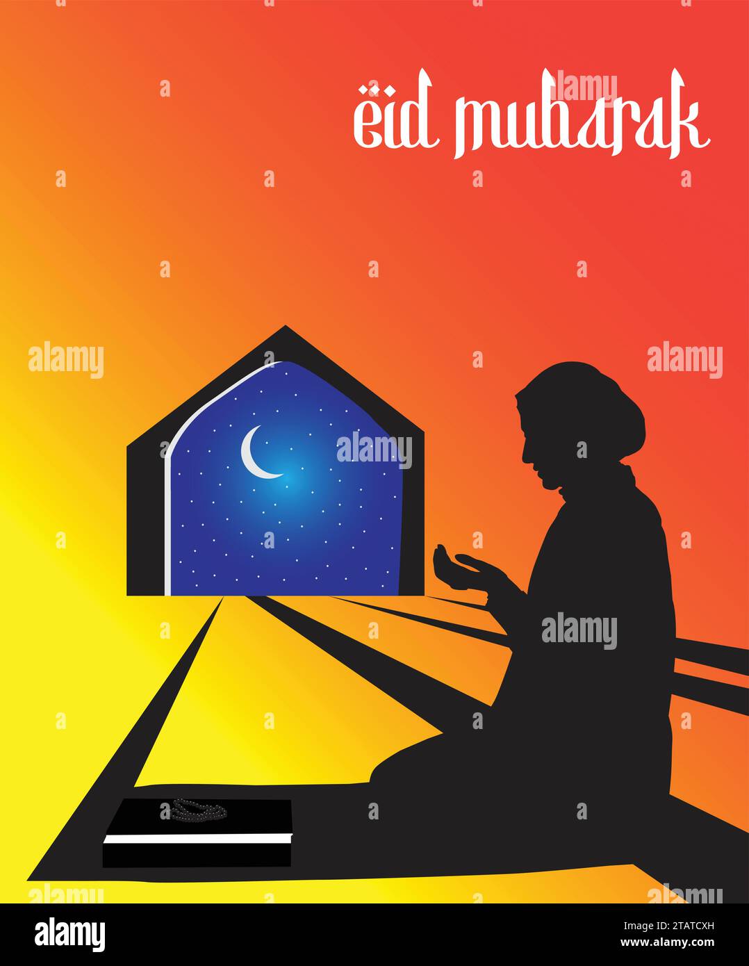 Silhouette di una donna che prega in una moschea con lo sfondo del cielo notturno e della luna a mezzaluna. Illustrazione per il grande Festival islamico. Illustrazione Vettoriale