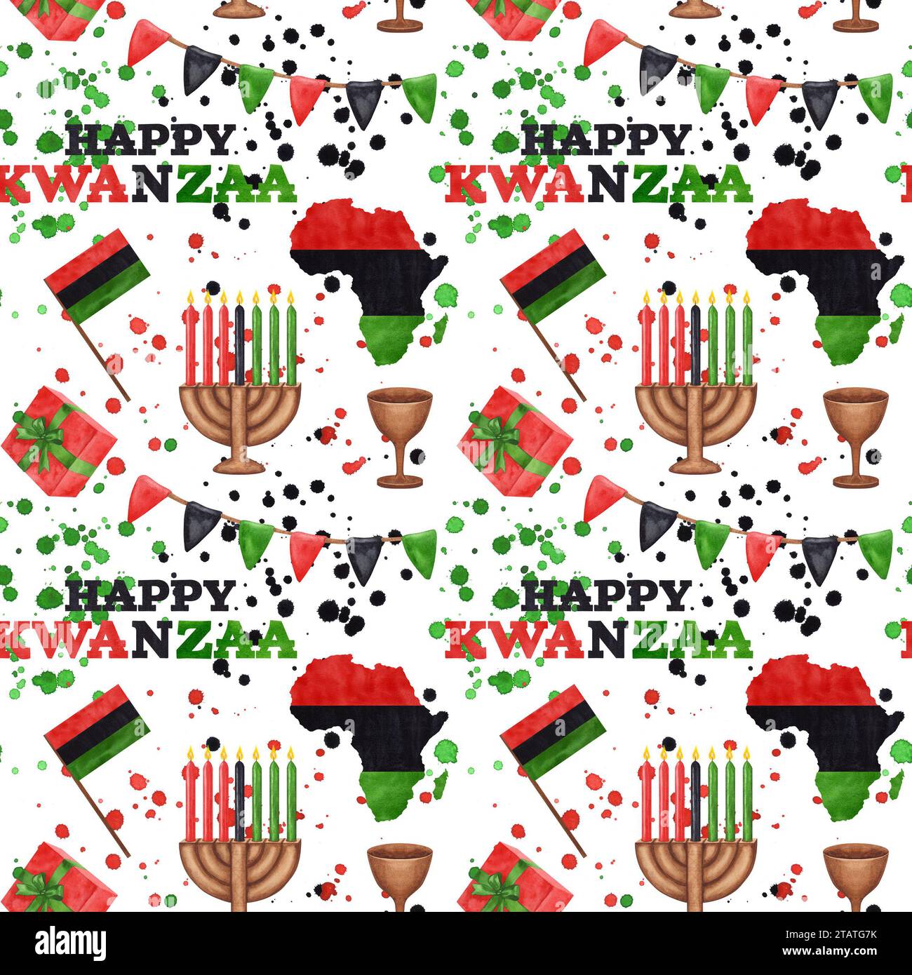 Motivo senza cuciture Kwanzaa. Kinara, sette candele in fiamme, mappa rossa nera e verde, tazza, regalo, macchie, schizzi. Vacanze afro-americane. Disegnato a mano Foto Stock