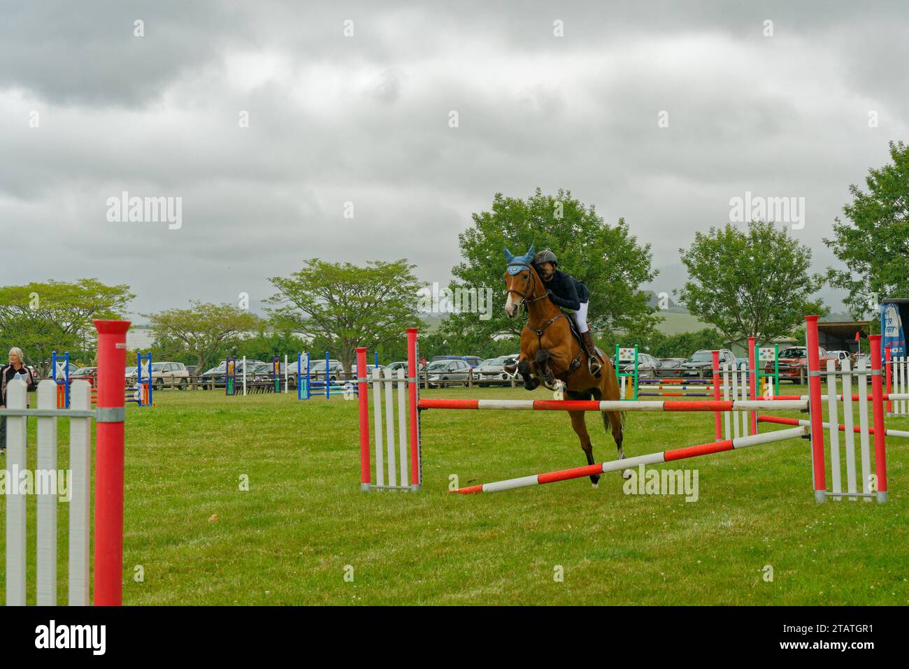 Marchwood Park, Motueka, Tasman District, Aotearoa / nuova Zelanda – 2 dicembre 2023: Cavallo con cavaliere che salta su una recinzione allo spettacolo Motueka A and P. Foto Stock