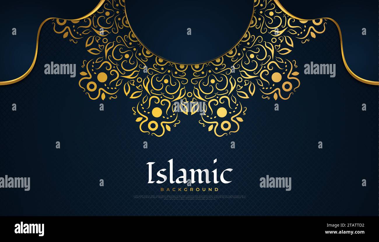 Sfondo islamico con Mandala dorato su carta blu per biglietti d'auguri o banner Illustrazione Vettoriale