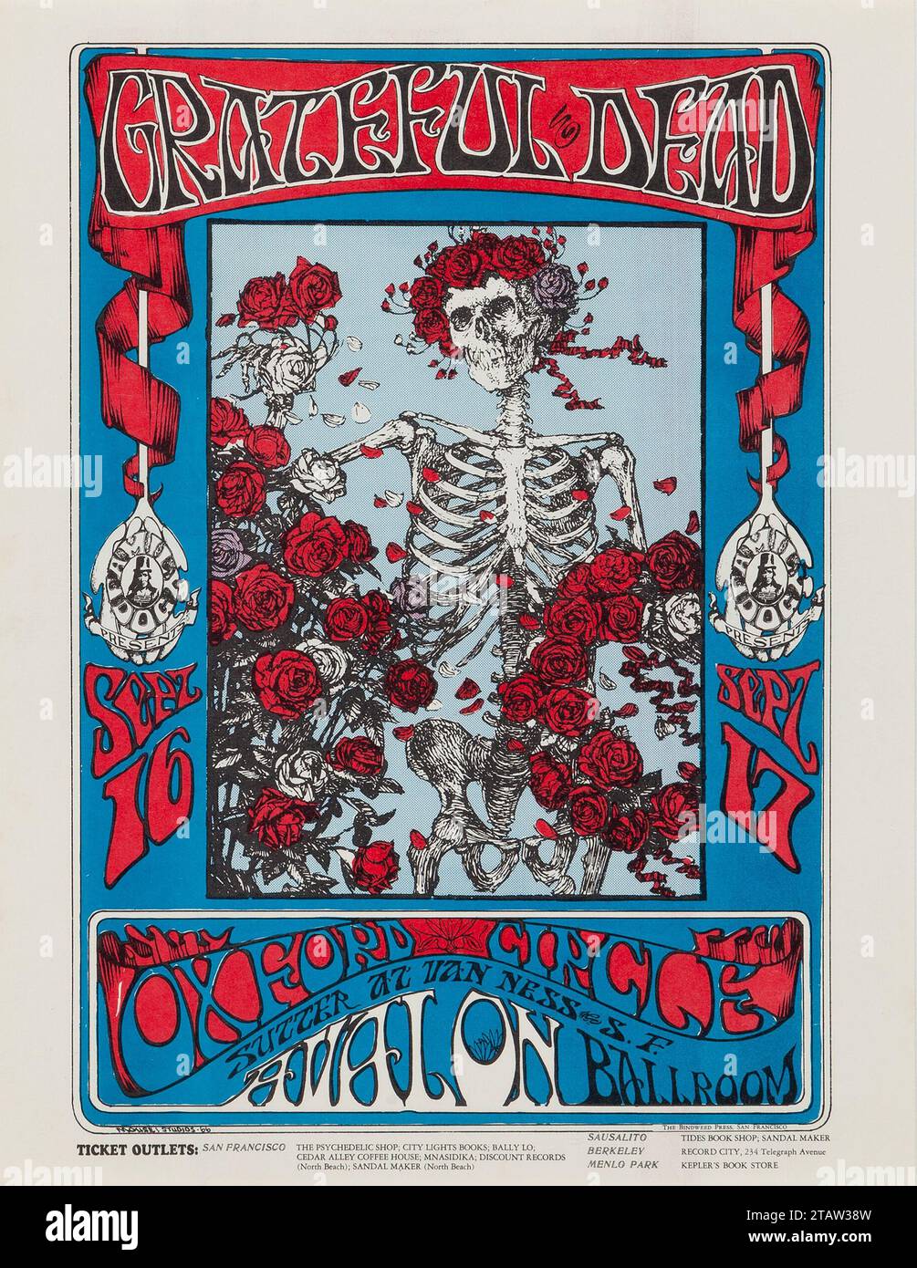 Grateful Dead 1966 "Skeleton & Roses" Avalon Ballroom, San Francisco - Handbill Foto Stock
