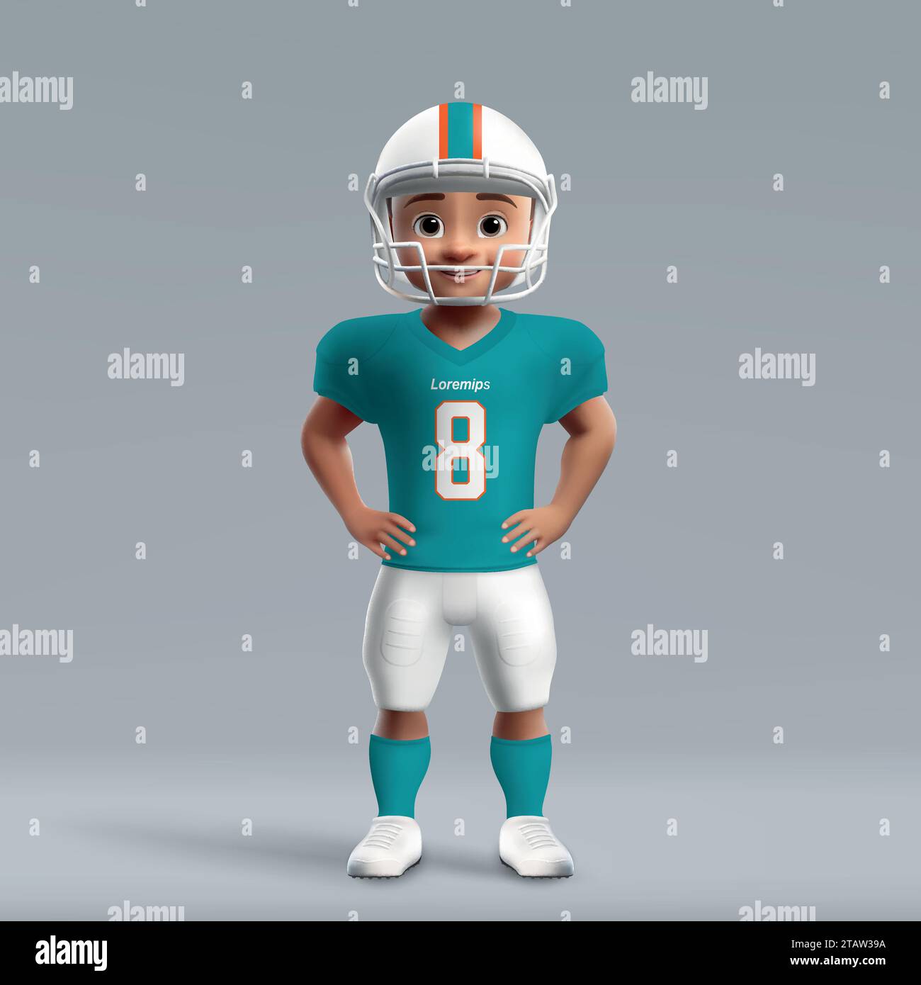 Cartoni animati in 3d, giovane giocatore di football americano in uniforme dei Miami Dolphins. Maglia della squadra di calcio Illustrazione Vettoriale