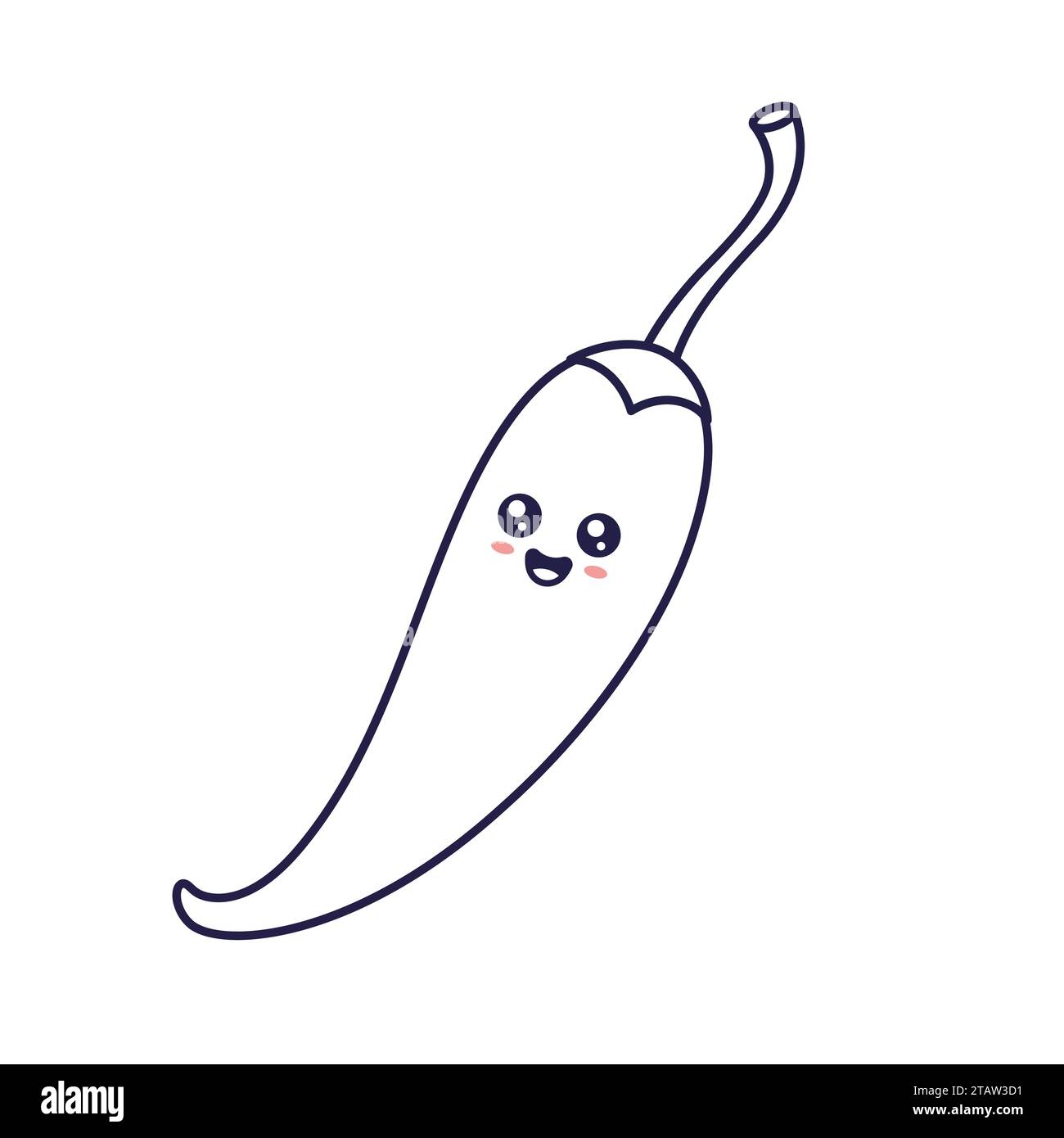 Carino cartoni animati con peperoncino rosso Kawaii illustrazioni per bambini. Illustrazione grafica del contorno di alimenti e verdure. Pepe peperoncino, mascotte in stile Doodle. Libro da colorare per bambini. Illustrazione Vettoriale