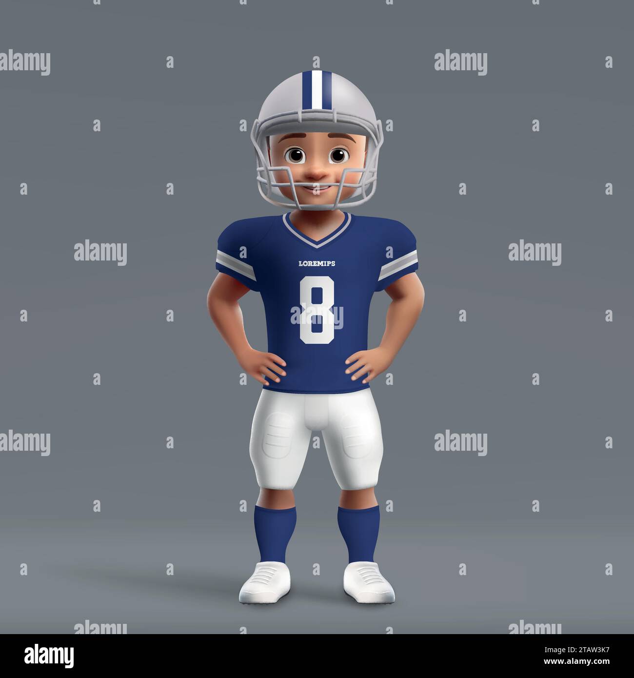 Cartoni animati in 3d, simpatico giovane giocatore di football americano in uniforme dei Dallas Cowboys. Maglia della squadra di calcio Illustrazione Vettoriale