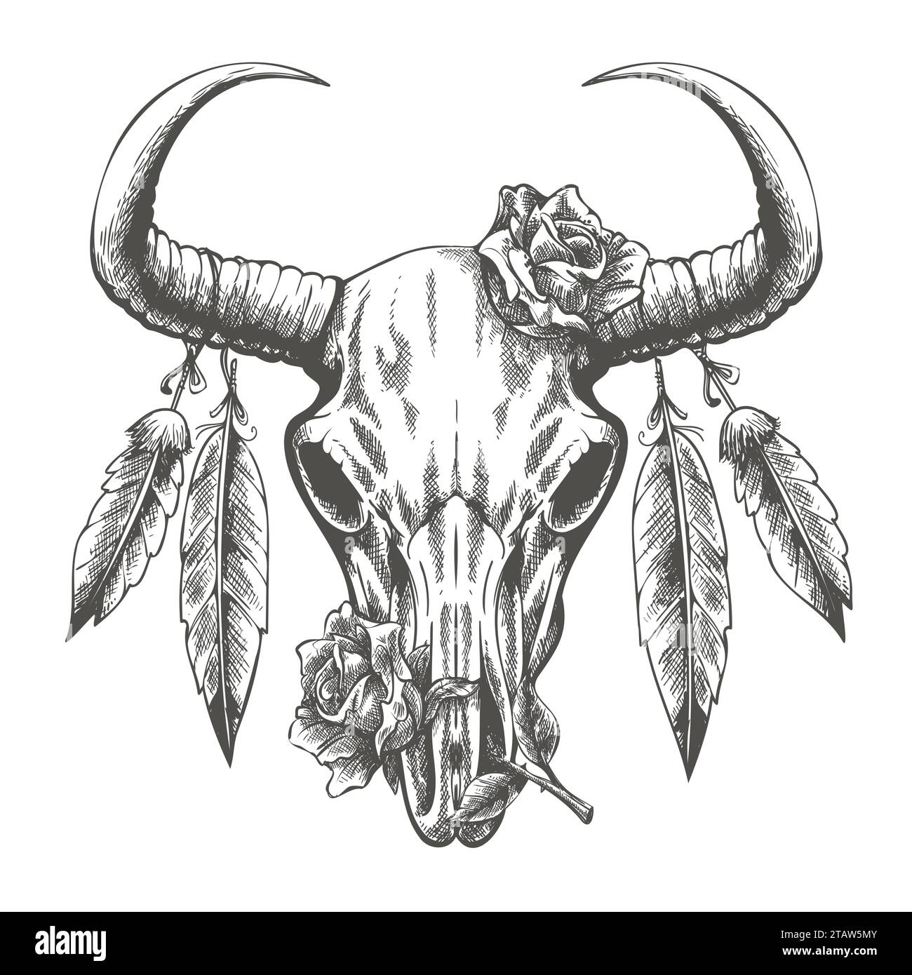 Tatuaggio disegnato a mano con teschio di toro con rose e piume. Illustrazione vettoriale di arte grafica con incisione Totem dei nativi americani Illustrazione Vettoriale