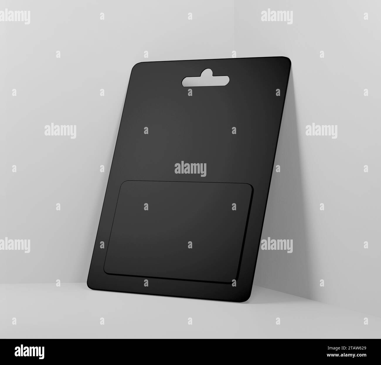 Carta regalo nera in confezione blister, carta d'identità, chiave dell'hotel e dell'appartamento, modello di trucco, 3d con rendering isolato su sfondo chiaro. Foto Stock