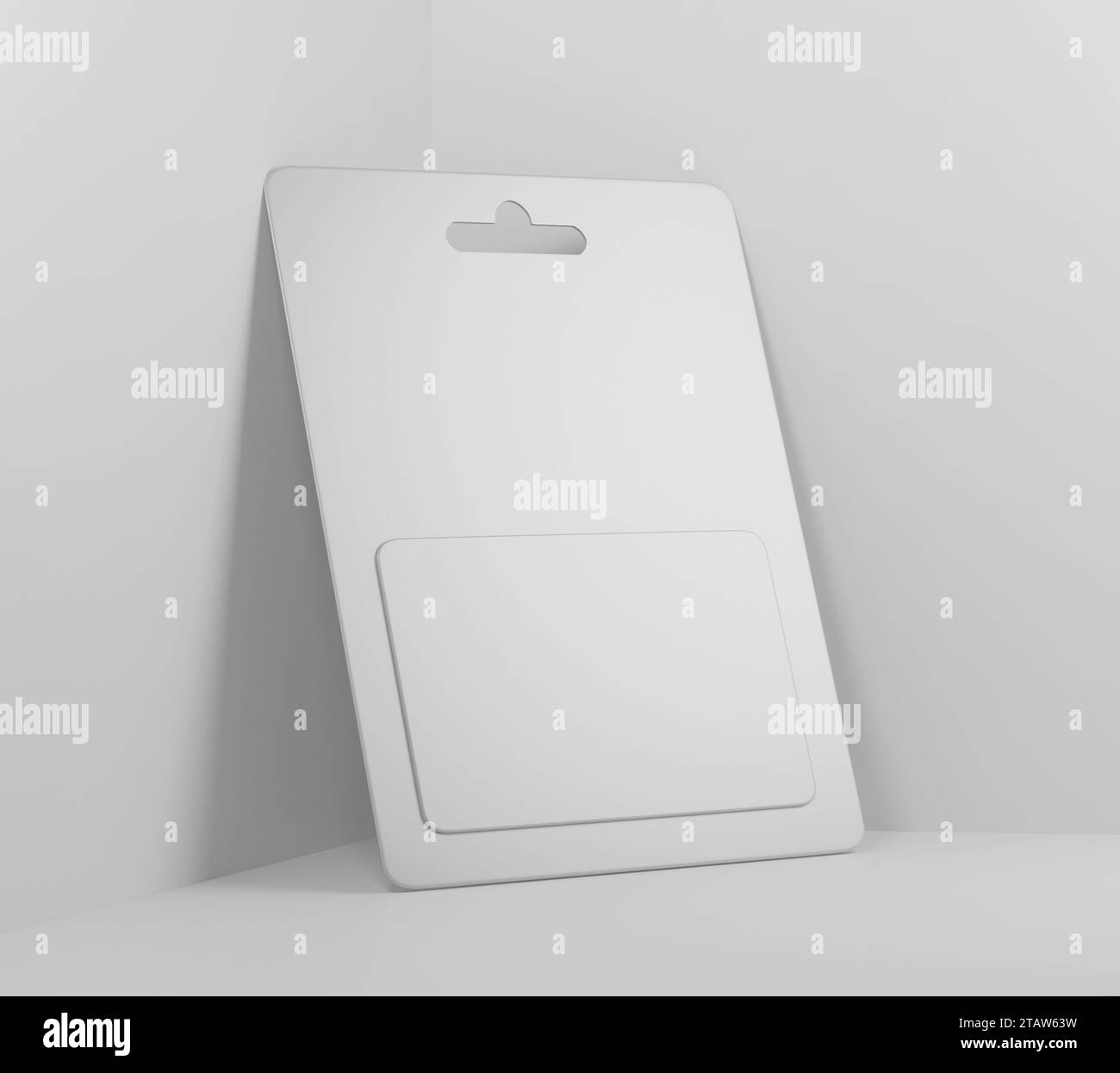 Carta regalo bianca in confezione blister, carta d'identità, chiave dell'hotel e dell'appartamento, modello Mockup, rendering 3d isolato su sfondo chiaro. Foto Stock