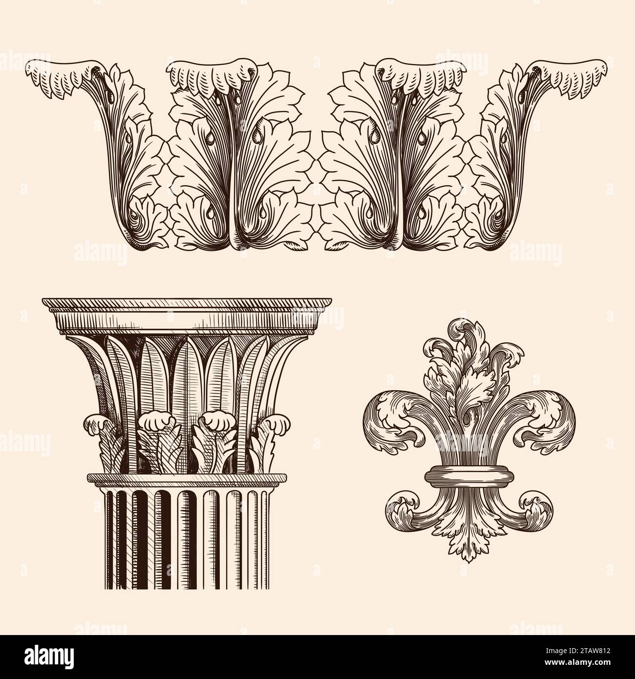 Antico ornamento greco di foglie di acanto e capitale della colonna in stile corinzio. Classico ornamento antico. Illustrazione Vettoriale