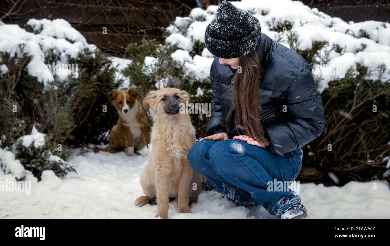 Felice ragazza sorridente che gioca con il suo allegro cane nella neve all'aperto. Bambini con animali, giochi con animali domestici Foto Stock