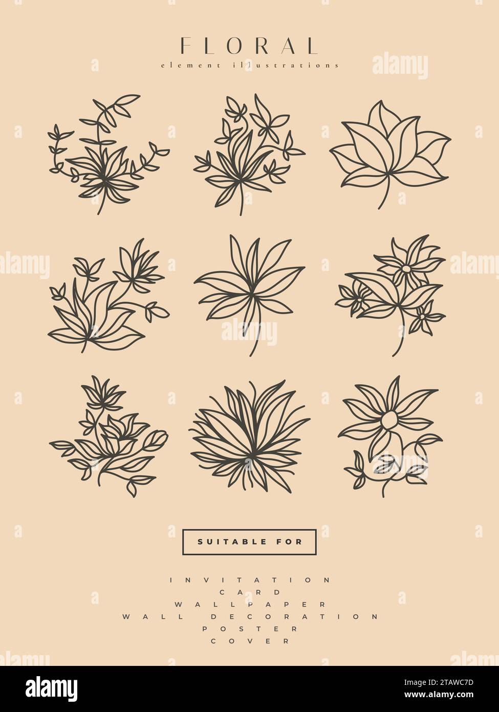 Collezione di illustrazioni minimaliste di fiori in stile Art Line, può essere utilizzata per stampe, decorazioni per la casa, poster a parete, inviti e altro ancora Illustrazione Vettoriale