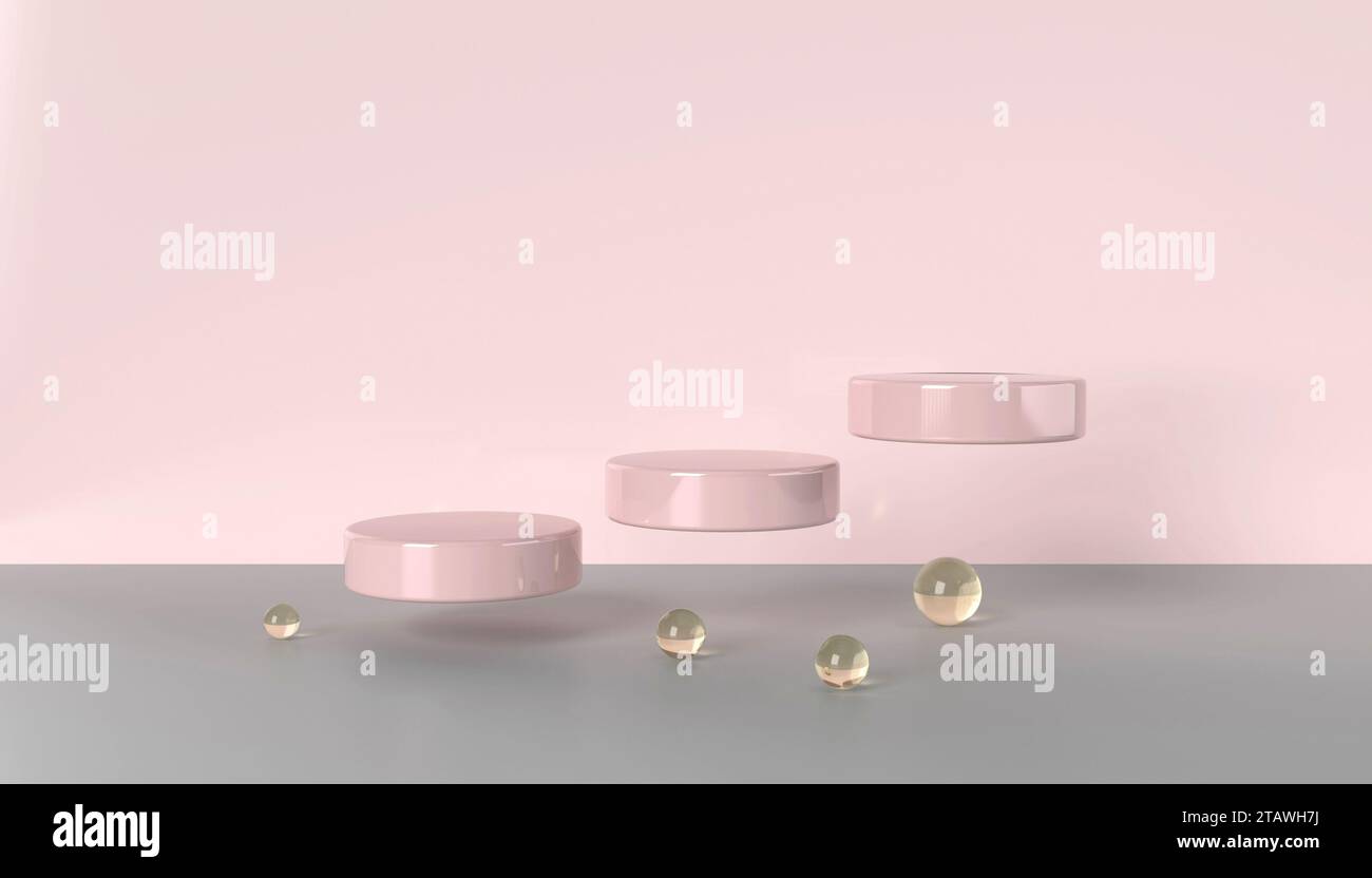 Set di podi galleggianti 3d rosa con palline di vetro Foto Stock