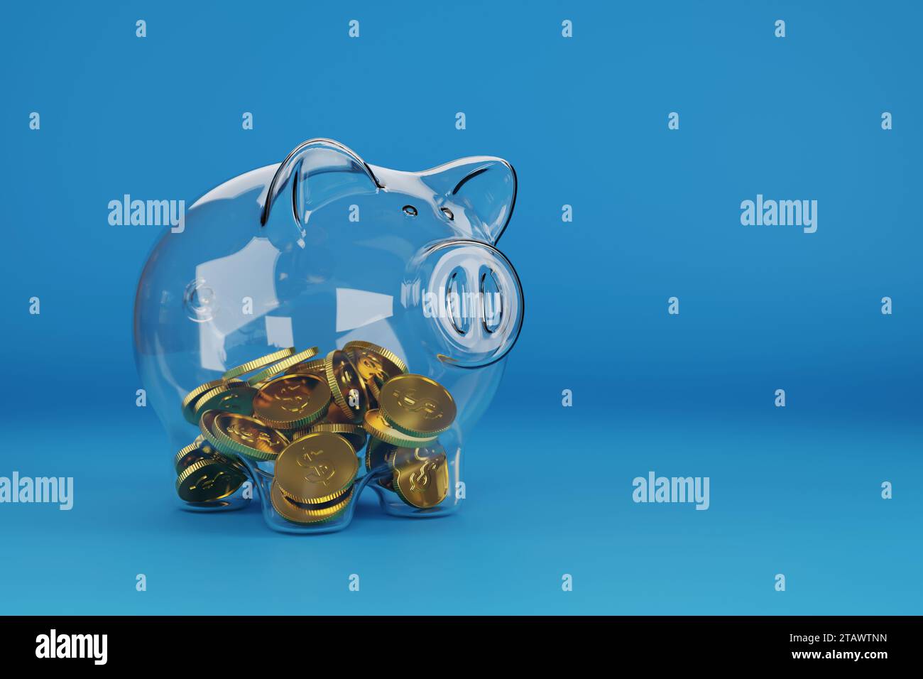 Salvadanaio di vetro con monete all'interno. illustrazione 3d. Foto Stock