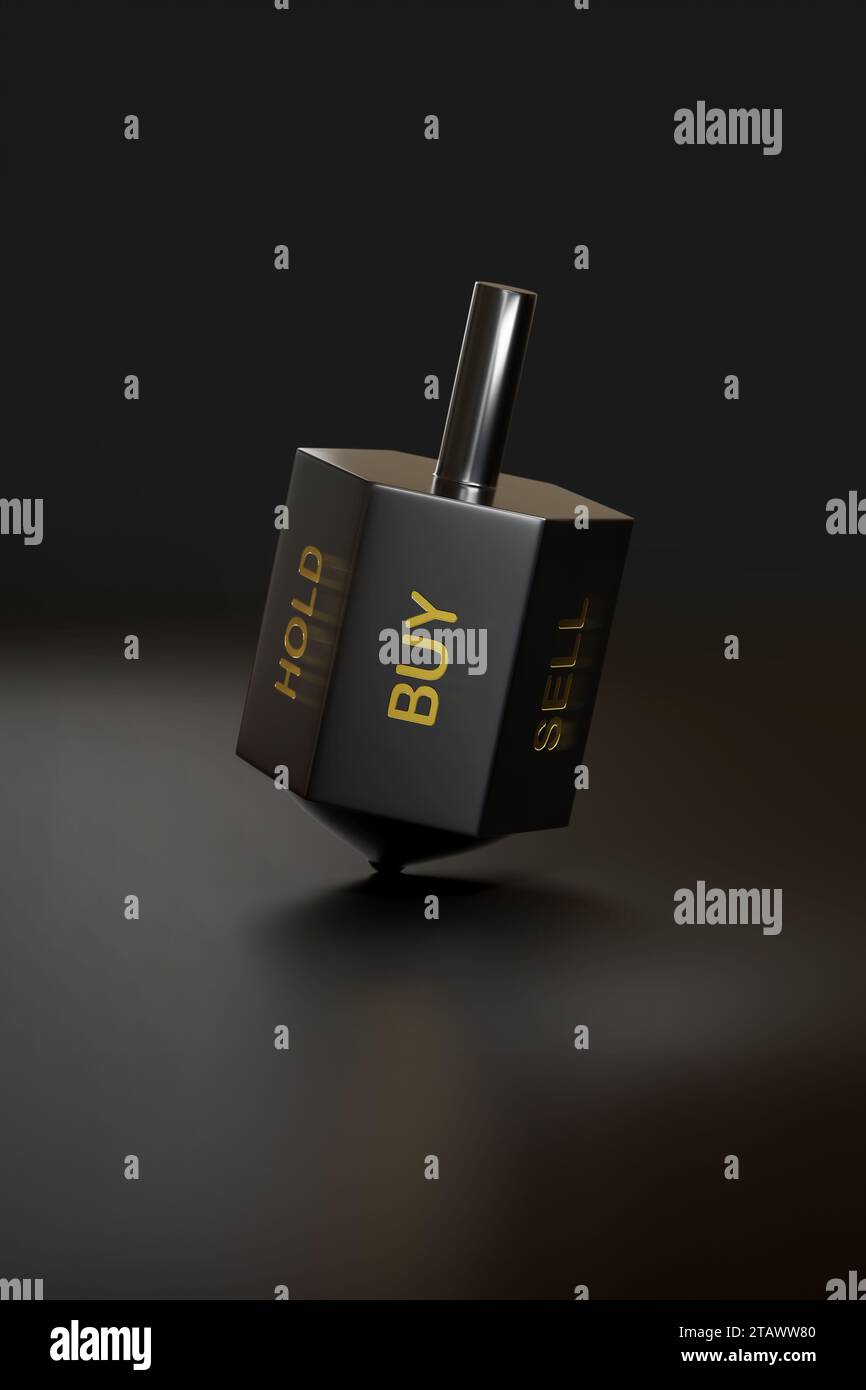 Girando il top con le parole COMPRA, VENDI e MANTIENI con la sfocatura del movimento. Concetto di investimento. illustrazione 3d. Foto Stock