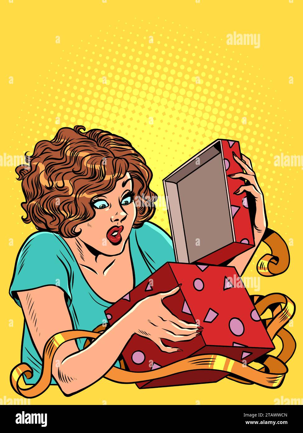 Festeggiamo giorni ed eventi importanti. Una donna apre una confezione regalo. Un regalo di Natale può essere anche per un compleanno. Illustrazione Vector retro di Pop Art Kitsch Illustrazione Vettoriale