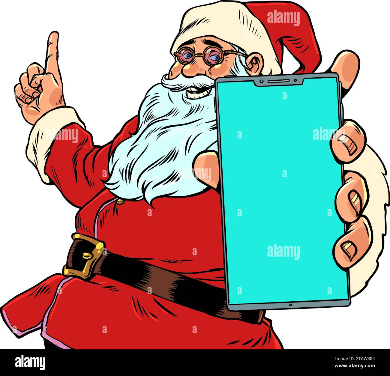 Internet natalizio la vigilia di Capodanno. Babbo Natale ha in mano un telefono con uno schermo vuoto. Un'offerta unica per i clienti che utilizzano il servizio. Pop Art retro Illustrazione Vettoriale