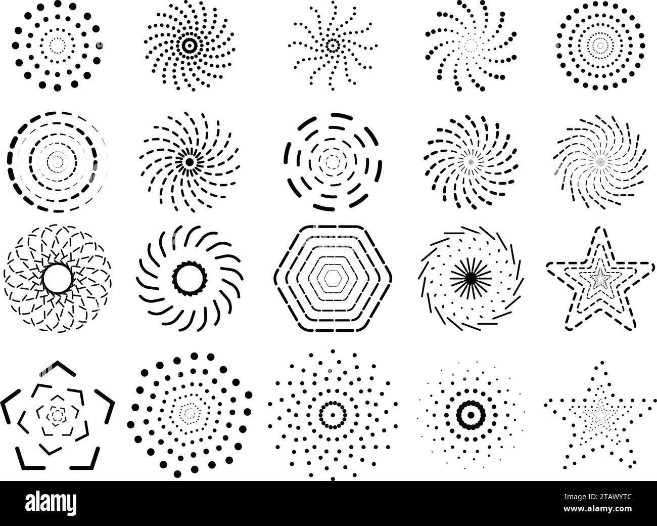 Punti di mezzitoni raccolta bellissimi mezzitoni circolari sfumati per stelle, cerchi e rettangoli Blac in forma spirale. Decorazione del modello di sfondo vettoriale Illustrazione Vettoriale