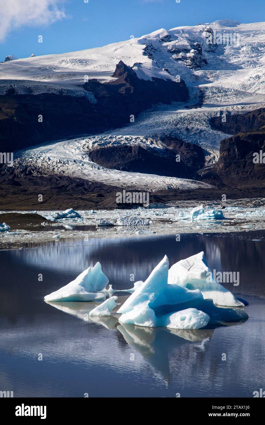 Gli iceberg galleggiano a Fjallsjökull, un lago glaciale all'estremità meridionale del ghiacciaio islandese conosciuto come Vatnajökull. Foto Stock