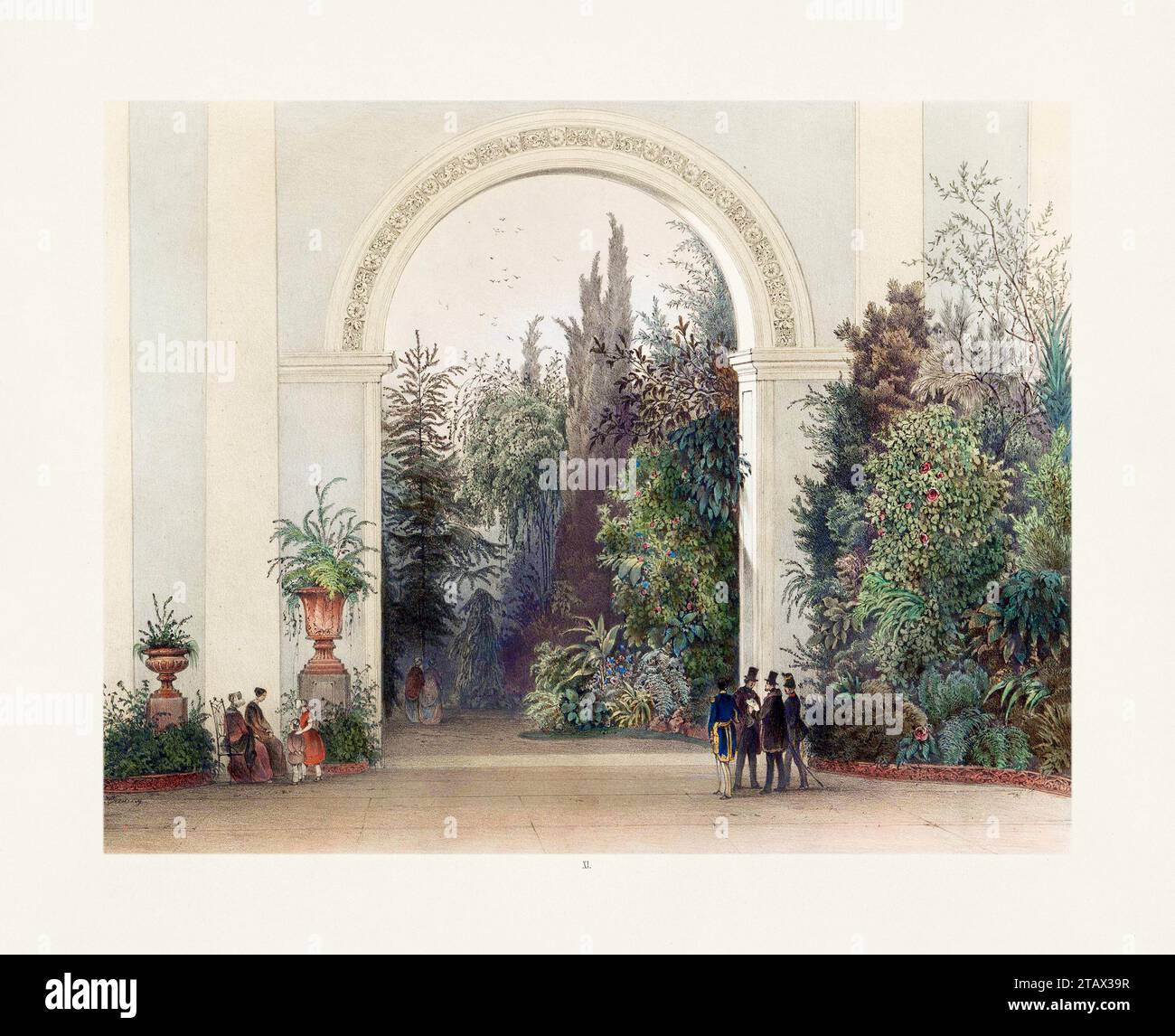 Illustrazione antica del XVIII secolo: Giardini invernali al Palazzo Imperiale di Vienna Hofburg. Questa litografia a colori raffigura giardini lussureggianti, persone rivestite d'epoca Foto Stock