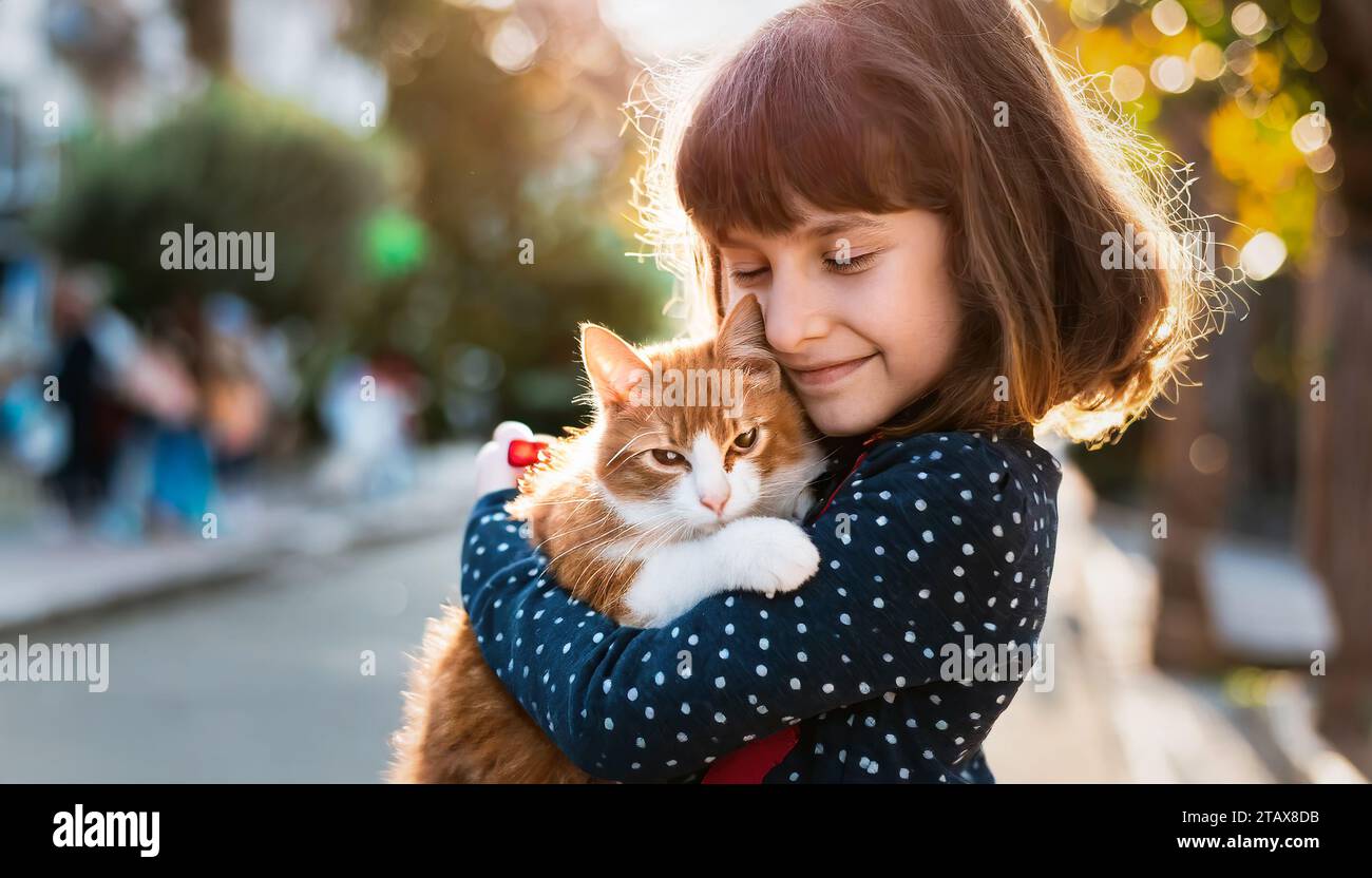 Ritratto di un bambino carino che abbraccia un gattino in primo piano.'bambini e gattini, un abbinamento perfetto in paradiso. Foto Stock