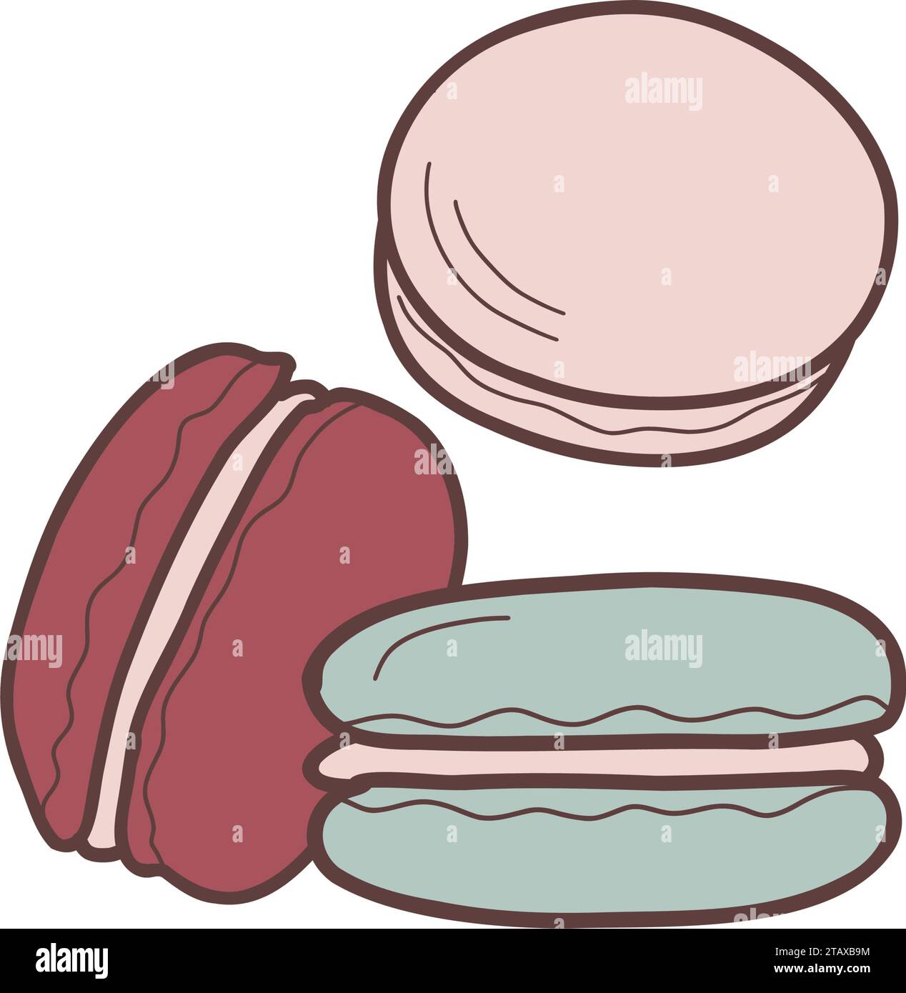Illustrazione piatta vettoriale dei macaron. Dolci biscotti francesi, multicolori isolati su sfondo bianco. Illustrazione Vettoriale