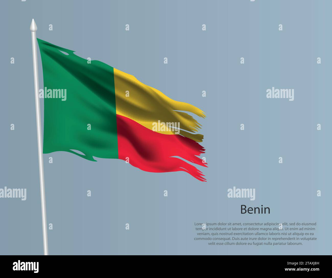 Bandiera nazionale del Benin. Tessuto ondulato strappato su sfondo blu. Illustrazione vettoriale realistica Illustrazione Vettoriale