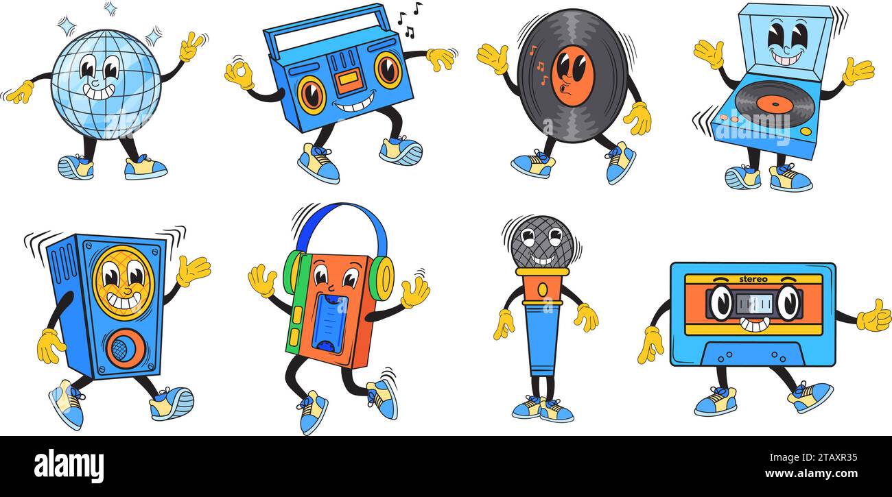 Mascotte di musica retrò. Dispositivi musicali stereo d'epoca, personaggi da ballo sneaker durante acid party, divertente cartoni animati mostro disco ball, radio vinile record dj beatbox illustrazione vettoriale di disco retrò Illustrazione Vettoriale
