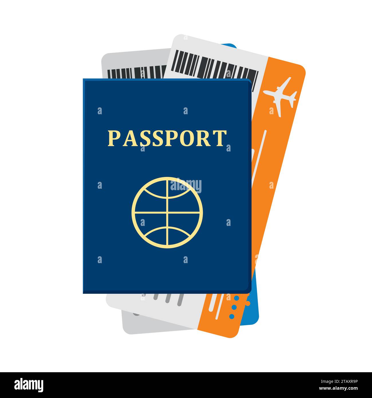Passaporto con biglietti isolati su sfondo bianco. Passaporto e biglietti per viaggiare, turismo d'affari, viaggio simbolo di volo turistico. Festività p Illustrazione Vettoriale