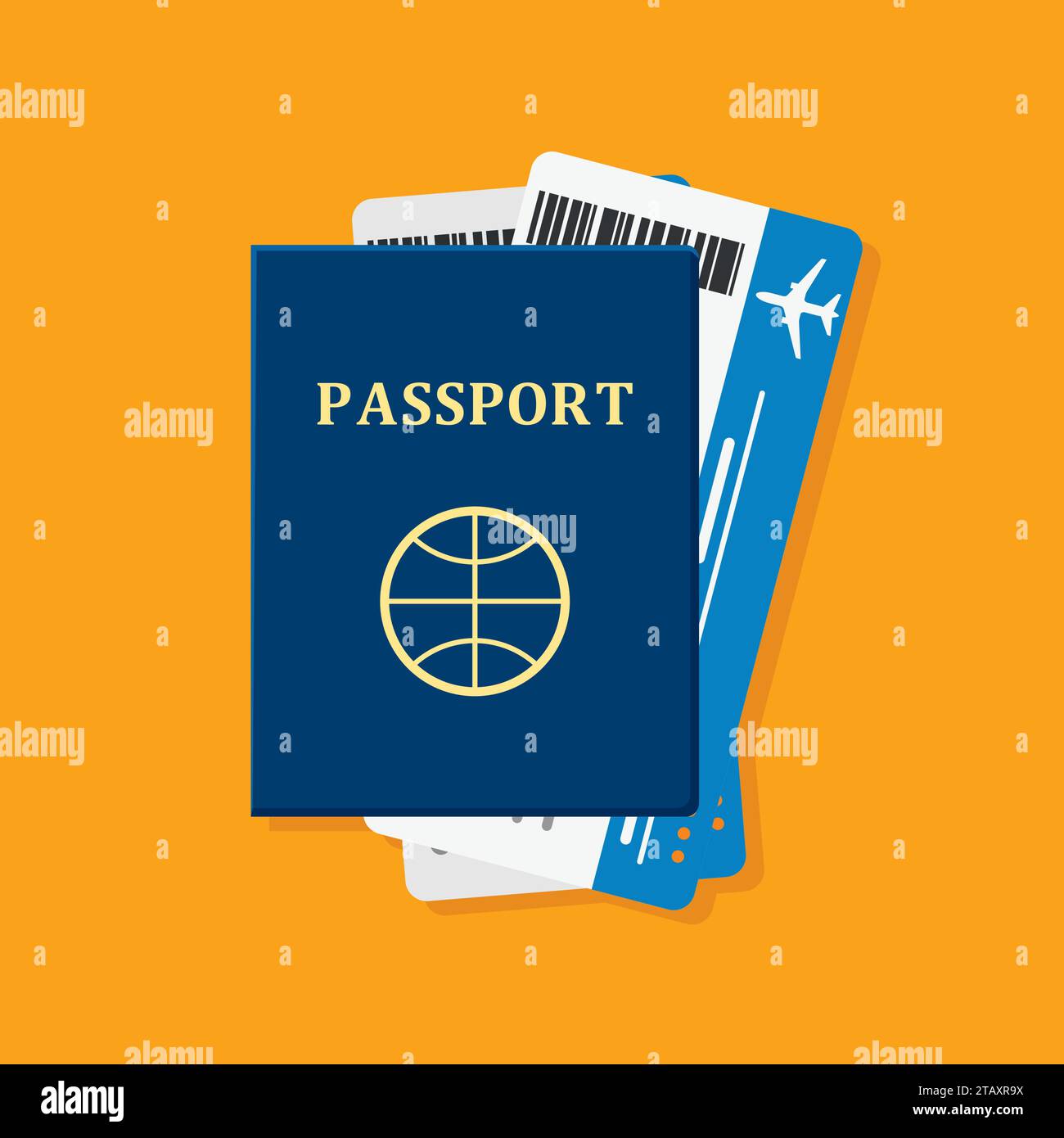 Passaporto con biglietti arancione. Passaporto e biglietti per viaggiare, turismo d'affari, viaggio simbolo di volo turistico. Passaporto e biglietti festivi Illustrazione Vettoriale