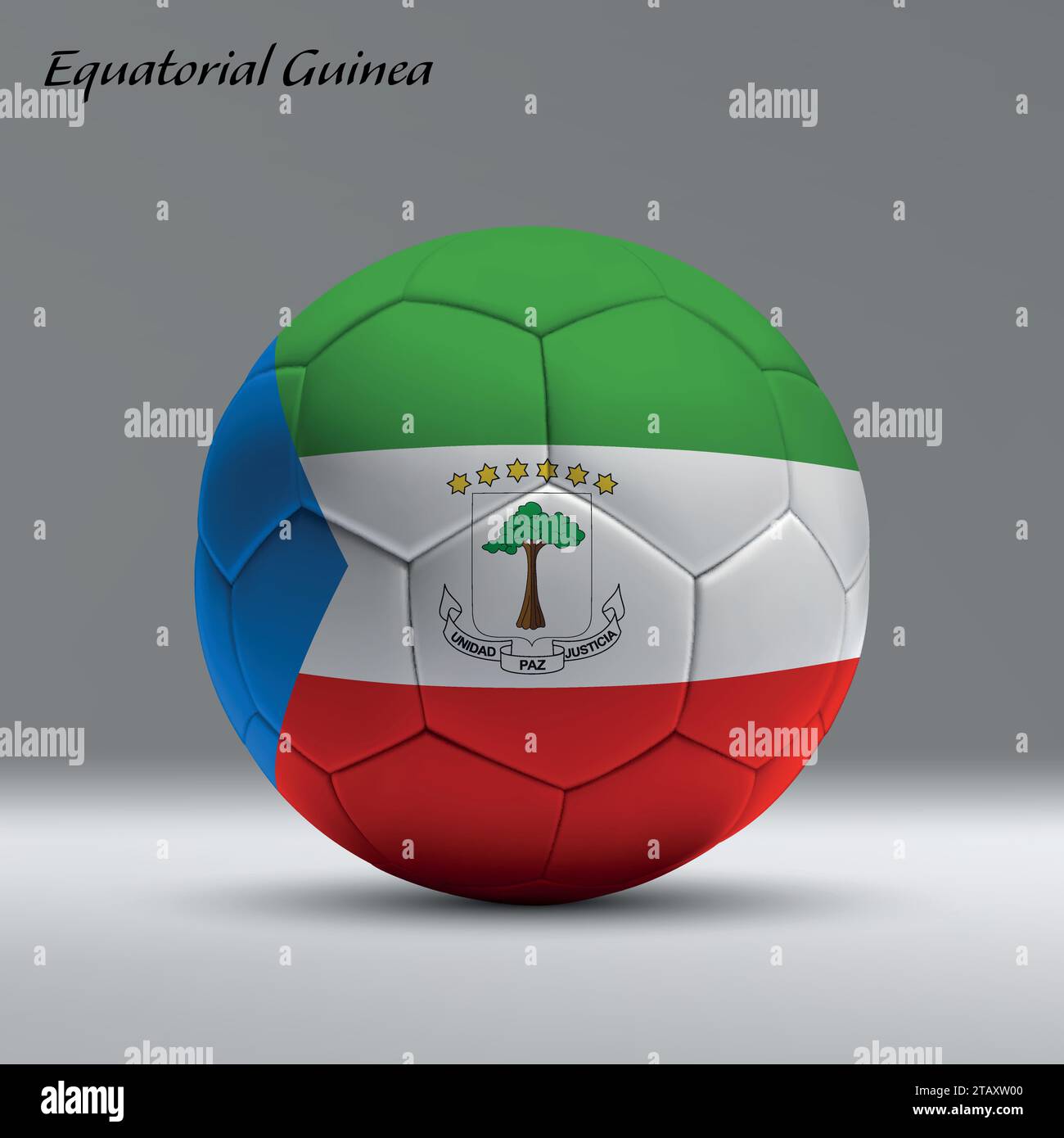 Pallone da calcio 3d realistico con bandiera della Guinea Equatoriale sullo sfondo dello studio, modello di banner calcio Illustrazione Vettoriale