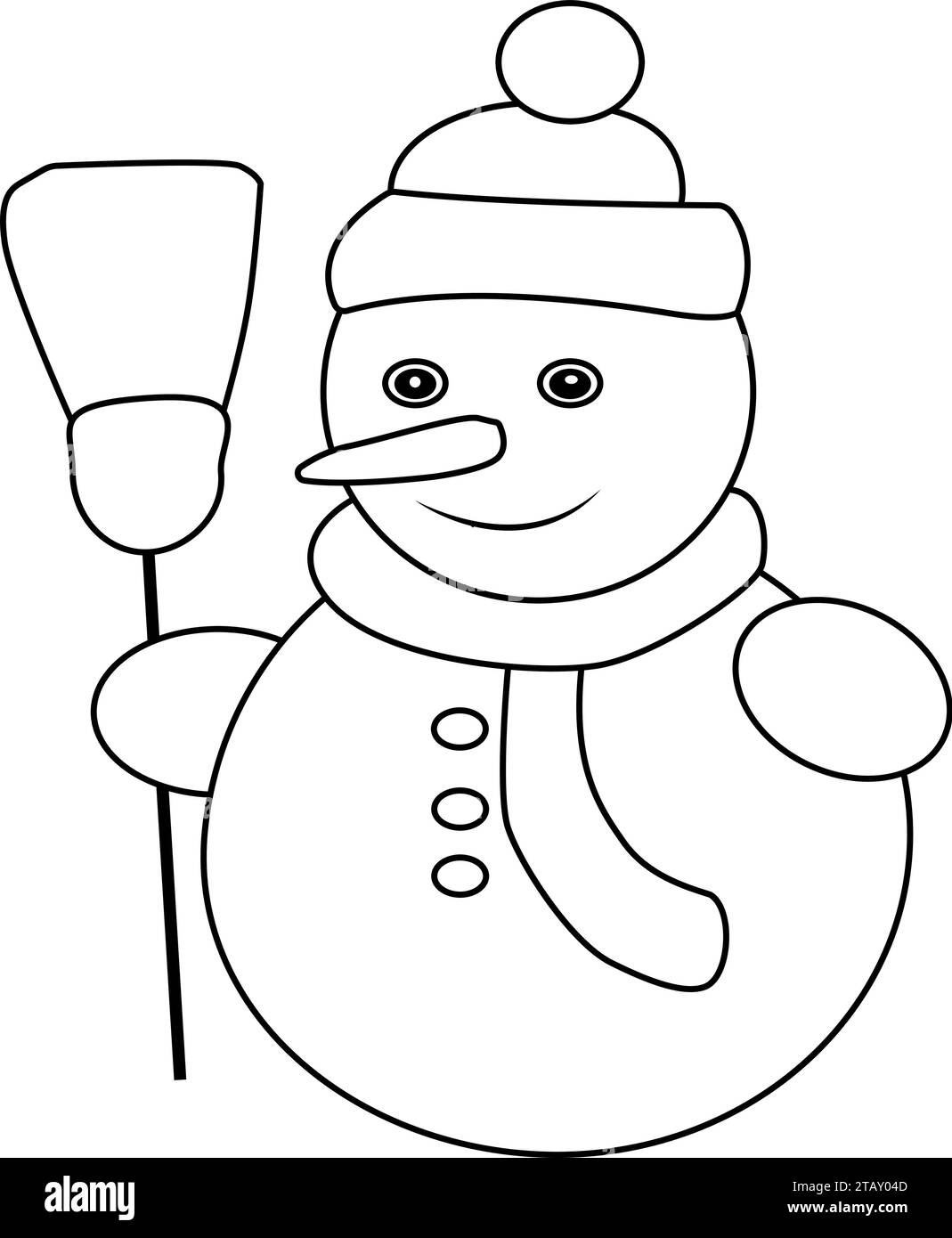 Icona carina del personaggio di pupazzo di neve, pagina da colorare in bianco e nero contorno di Un pupazzo di neve con Una scopa, pupazzo di neve con cappello e sciarpa Illustrazione Vettoriale