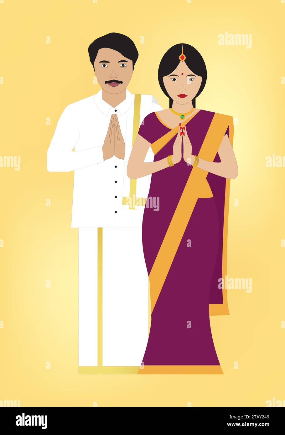 Le coppie dell'India meridionale con abiti tradizionali, dhoti e sari, sono i benvenuti Illustrazione Vettoriale